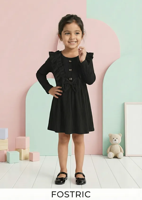 Black_Ribbed_Ruffle_Bow_Baby_Girl_Dress_&_Frock_Outfit_For_Special_Occasions