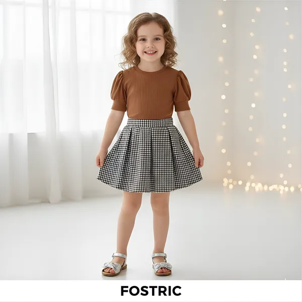 Brown_Elegant_Baby_Girl_Dress_&_Frock:_Stylish_Brown_Ribbed_Top_&_Gingham_Skirt_Set