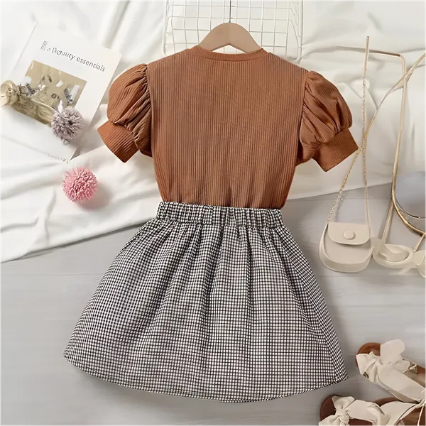 Brown_Elegant_Baby_Girl_Dress_&_Frock:_Stylish_Brown_Ribbed_Top_&_Gingham_Skirt_Set