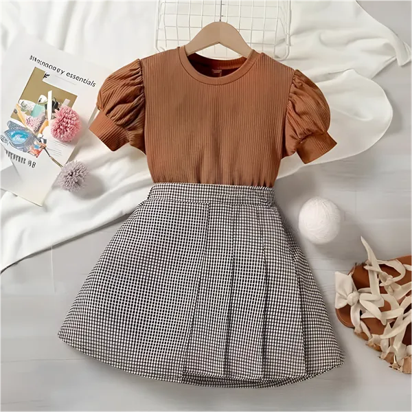 Brown_Elegant_Baby_Girl_Dress_&_Frock:_Stylish_Brown_Ribbed_Top_&_Gingham_Skirt_Set