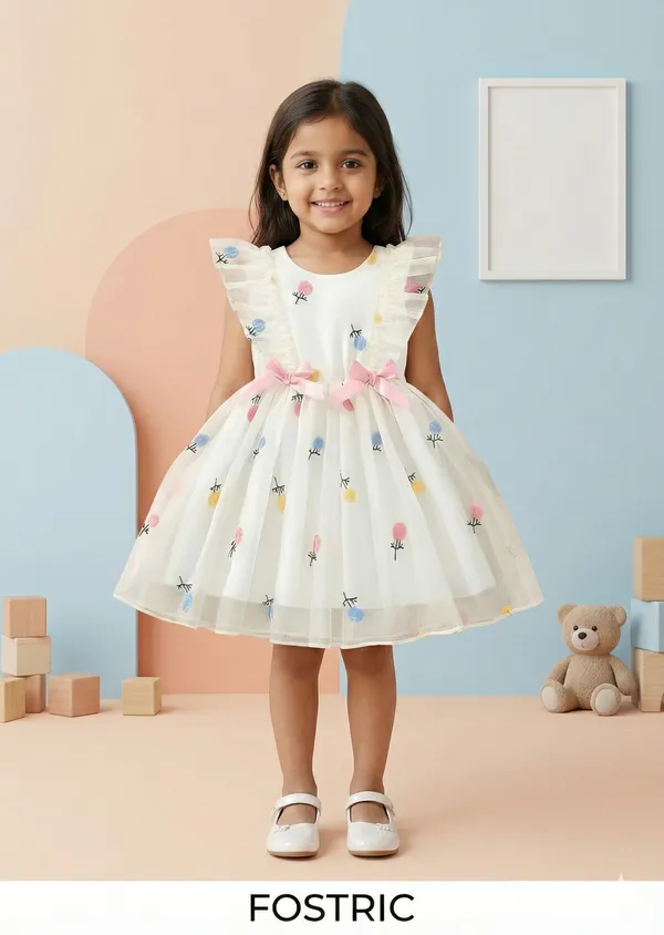 White_Girls_Adorable_Puff_Sleeve_Party_Dress_&_Frock_Printed_Knee-Length_Style