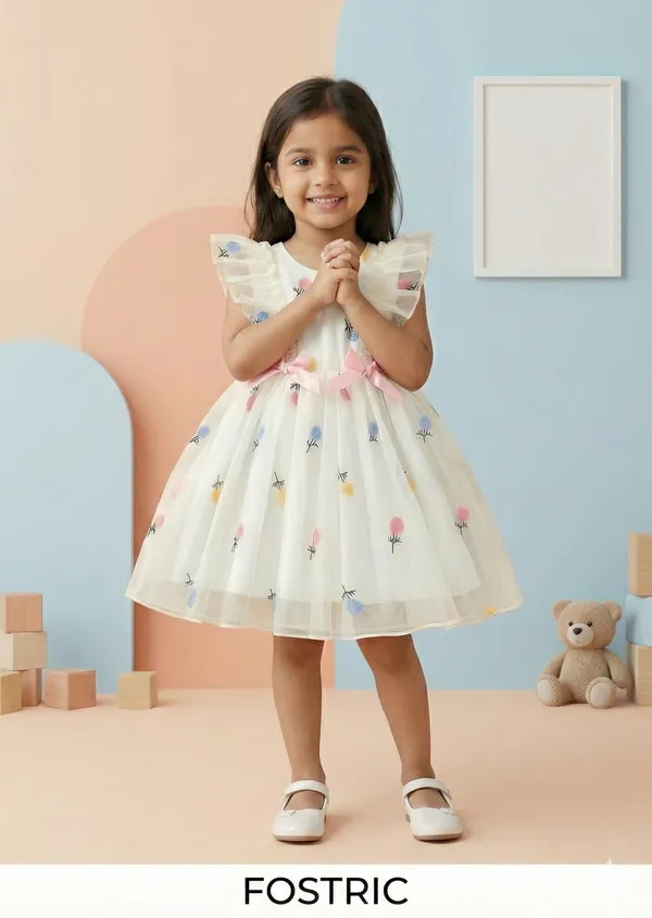 White_Girls_Adorable_Puff_Sleeve_Party_Dress_&_Frock_Printed_Knee-Length_Style
