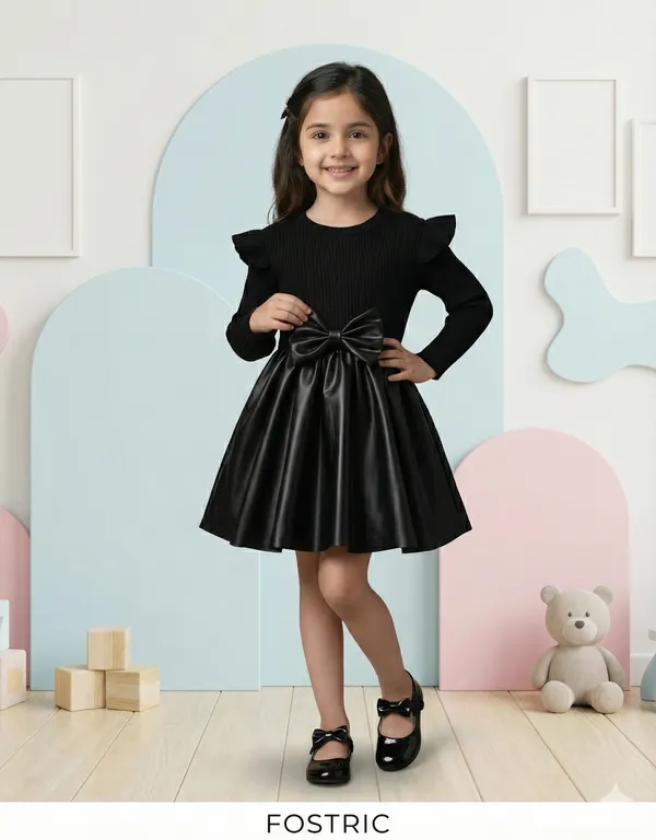 Black_Faux_Leather_Kids_Dress_Long_Sleeve_Ruffle_Shoulder_Party_Frock