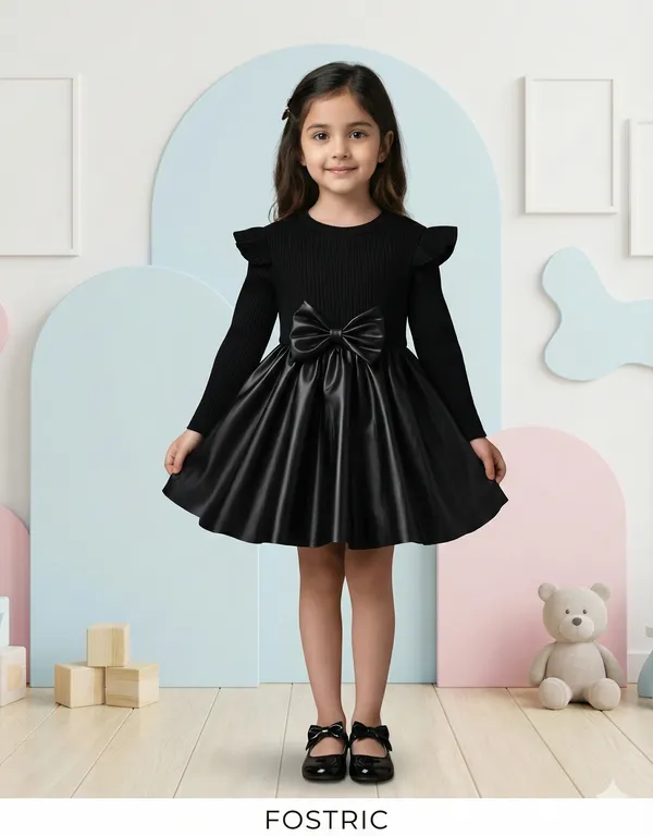 Black_Faux_Leather_Kids_Dress_Long_Sleeve_Ruffle_Shoulder_Party_Frock