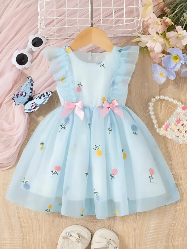 Blue_Girls_Adorable_Puff_Sleeve_Party_Dress_&_Frock_Printed_Knee-Length_Style