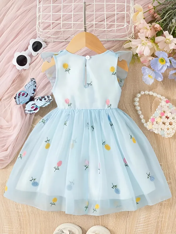 Blue_Girls_Adorable_Puff_Sleeve_Party_Dress_&_Frock_Printed_Knee-Length_Style
