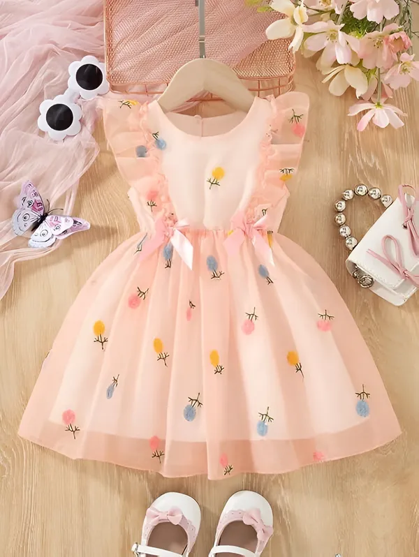 Peach_Girls_Adorable_Puff_Sleeve_Party_Dress_&_Frock_Printed_Knee-Length_Style