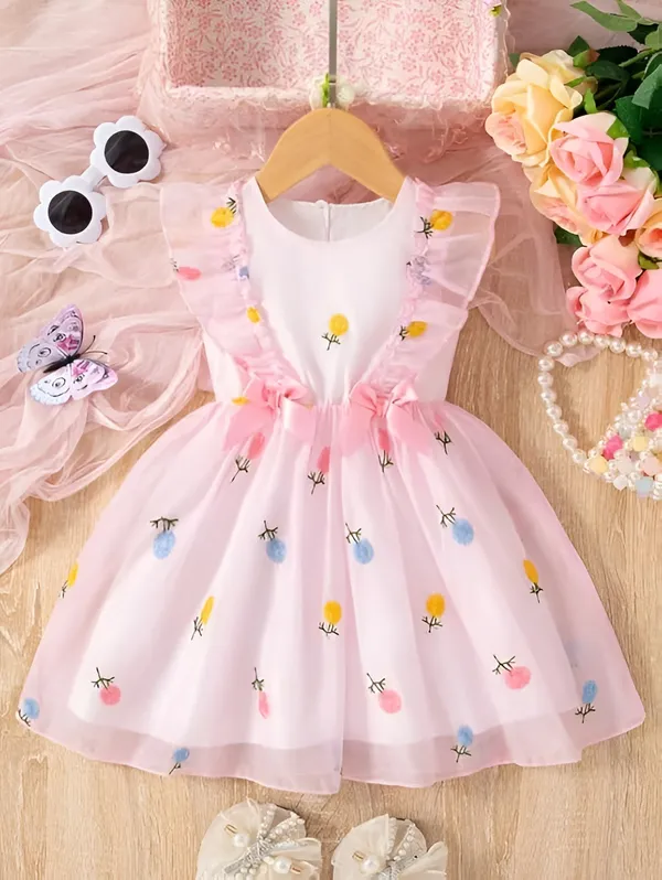 Pink_Girls_Adorable_Puff_Sleeve_Party_Dress_&_Frock_Printed_Knee-Length_Style