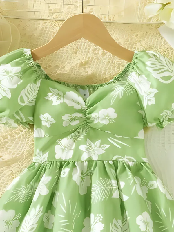 Green_Neon_Lush_Green_Floral_Puff_Sleeve_Dress_&_Chic_Summer_Frock_For_Kids