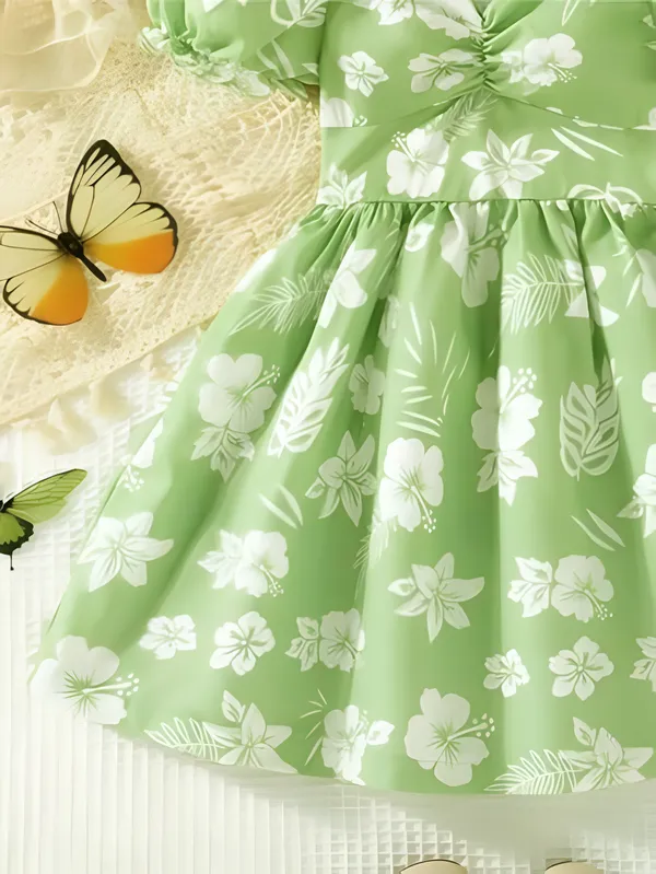Green_Neon_Lush_Green_Floral_Puff_Sleeve_Dress_&_Chic_Summer_Frock_For_Kids