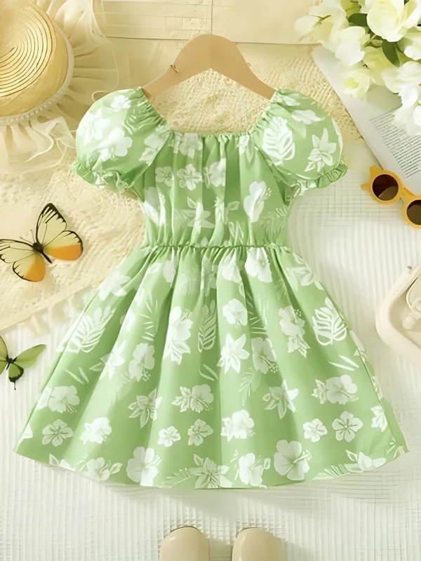 Green_Neon_Lush_Green_Floral_Puff_Sleeve_Dress_&_Chic_Summer_Frock_For_Kids