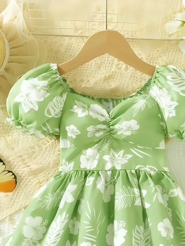 Green_Neon_Lush_Green_Floral_Puff_Sleeve_Dress_&_Chic_Summer_Frock_For_Kids