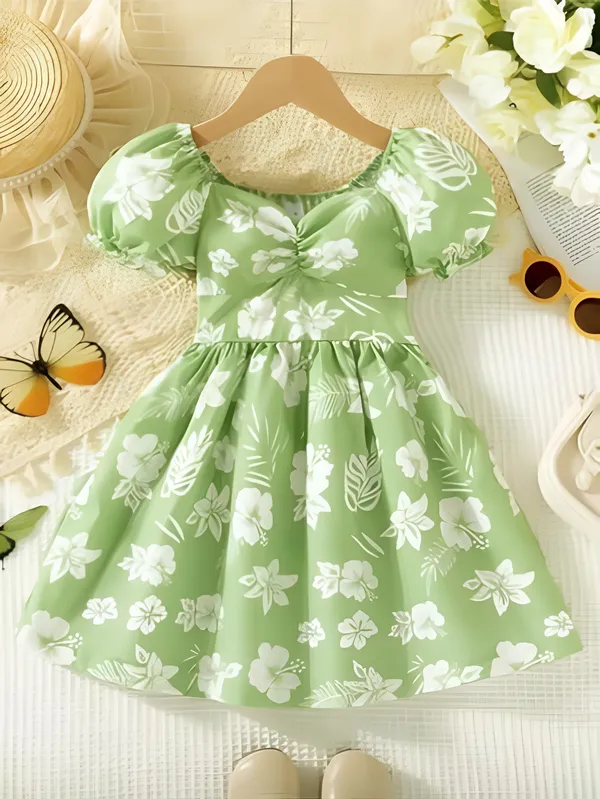Green_Neon_Lush_Green_Floral_Puff_Sleeve_Dress_&_Chic_Summer_Frock_For_Kids