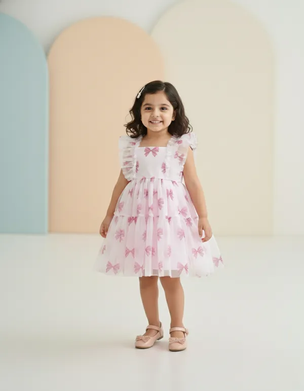 White_&_Pink_Girls_A-Line_Pink_Bow_Dress_&_Ruffle_Frock_-_Perfect_Party_Wear_&_Festive_Charm!