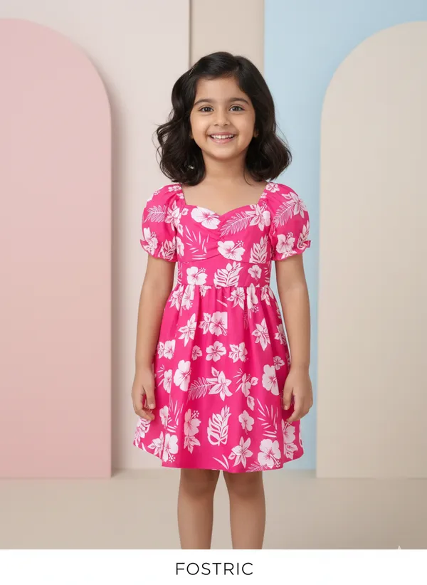 Pink_Neon_Lush_Green_Floral_Puff_Sleeve_Dress_&_Chic_Summer_Frock_For_Kids