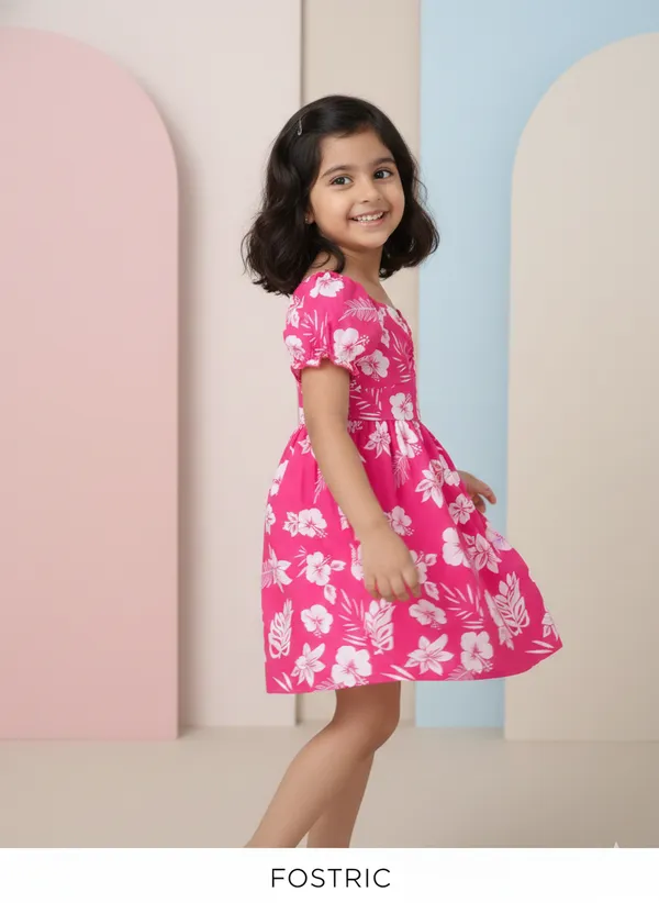 Pink_Neon_Lush_Green_Floral_Puff_Sleeve_Dress_&_Chic_Summer_Frock_For_Kids