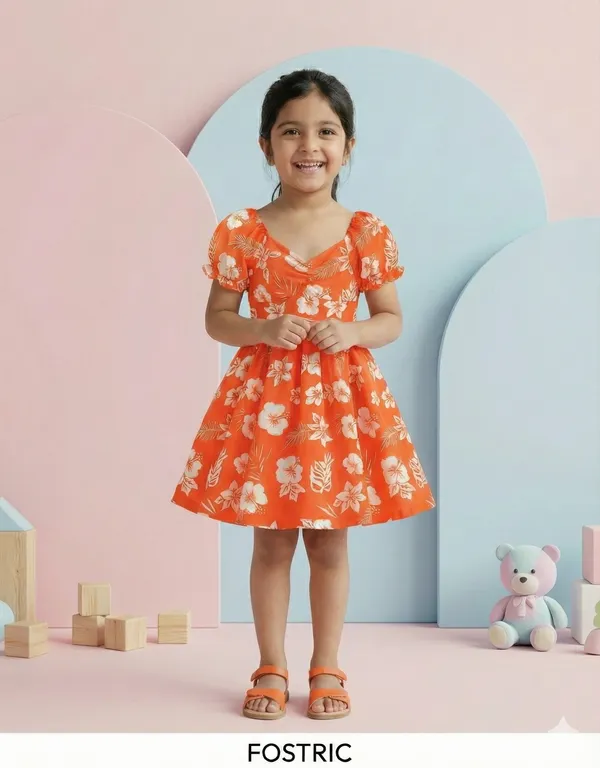 Orange_Neon_Lush_Green_Floral_Puff_Sleeve_Dress_&_Chic_Summer_Frock_For_Kids
