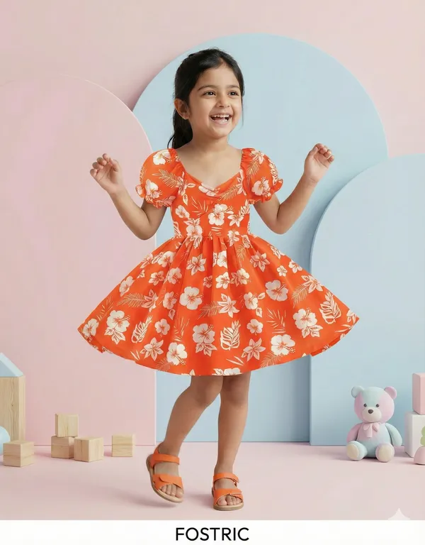 Orange_Neon_Lush_Green_Floral_Puff_Sleeve_Dress_&_Chic_Summer_Frock_For_Kids