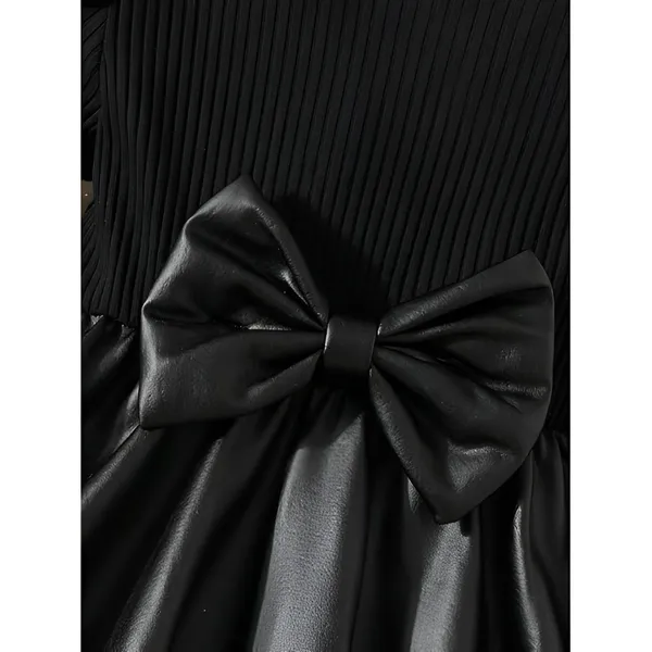 Black_Faux_Leather_Kids_Dress_Long_Sleeve_Ruffle_Shoulder_Party_Frock