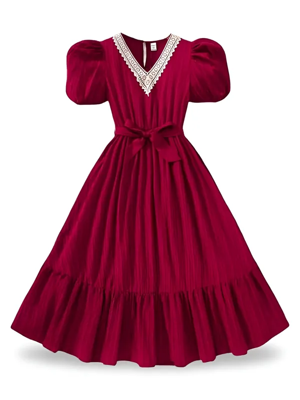 Girls_Maroon_Solid_Print_Cotton_Blend_Frock_Dress_Half_Sleeve_Calf_Length_V-Neck