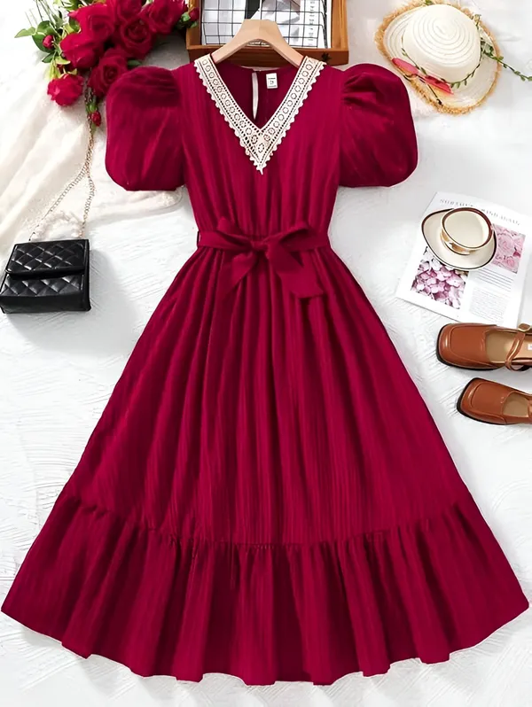 Girls_Maroon_Solid_Print_Cotton_Blend_Frock_Dress_Half_Sleeve_Calf_Length_V-Neck