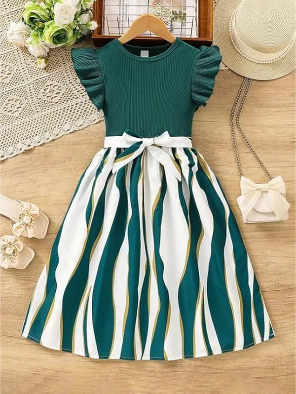 Girl_Fit_&_Flare_Knee-Length_Stripes_Printed_Short_Sleeve_Green_Dress_Frock