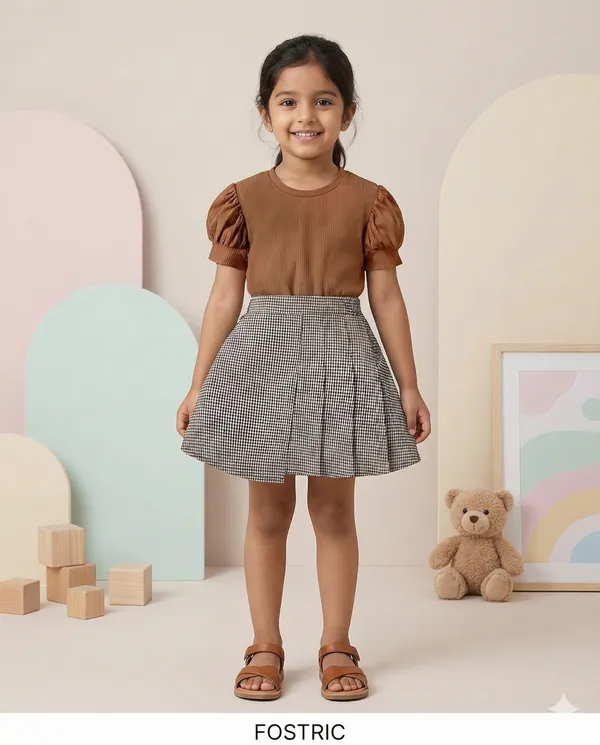 Brown_Elegant_Baby_Girl_Dress_&_Frock:_Stylish_Brown_Ribbed_Top_&_Gingham_Skirt_Set