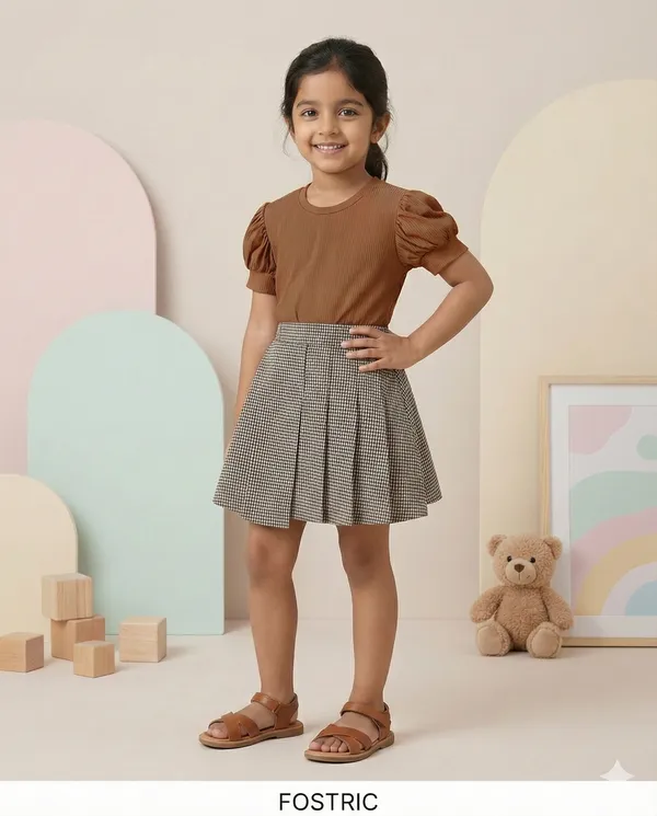 Brown_Elegant_Baby_Girl_Dress_&_Frock:_Stylish_Brown_Ribbed_Top_&_Gingham_Skirt_Set