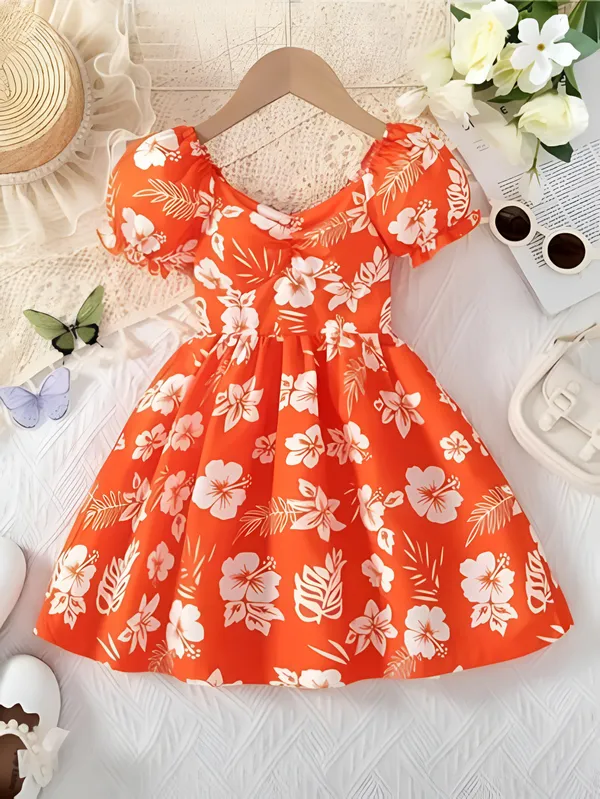 Orange_Neon_Lush_Green_Floral_Puff_Sleeve_Dress_&_Chic_Summer_Frock_For_Kids