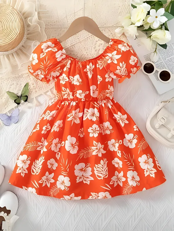 Orange_Neon_Lush_Green_Floral_Puff_Sleeve_Dress_&_Chic_Summer_Frock_For_Kids