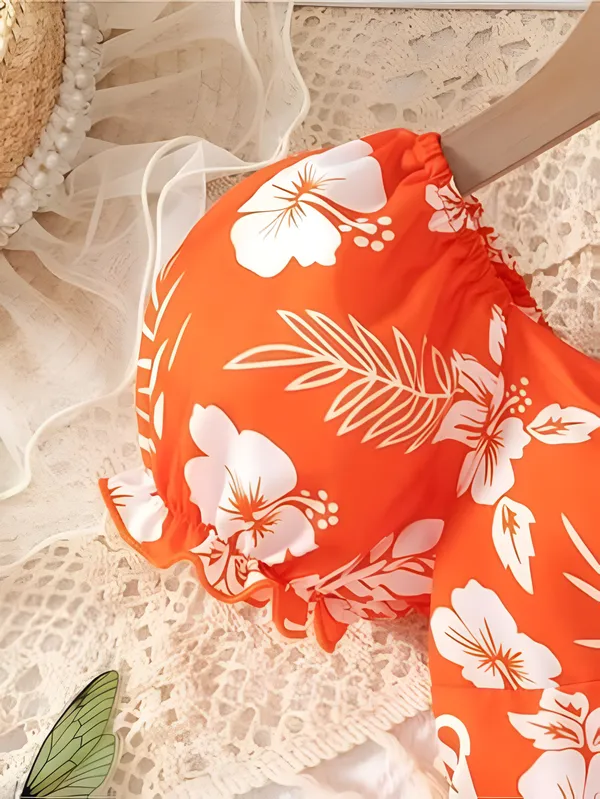 Orange_Neon_Lush_Green_Floral_Puff_Sleeve_Dress_&_Chic_Summer_Frock_For_Kids