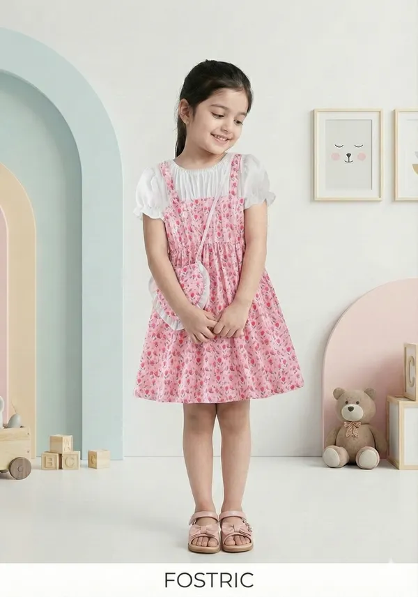 Pink_Adorable_Floral_Girl_Dress_&_Frock_With_Heart-Shaped_Purse_For_Kids
