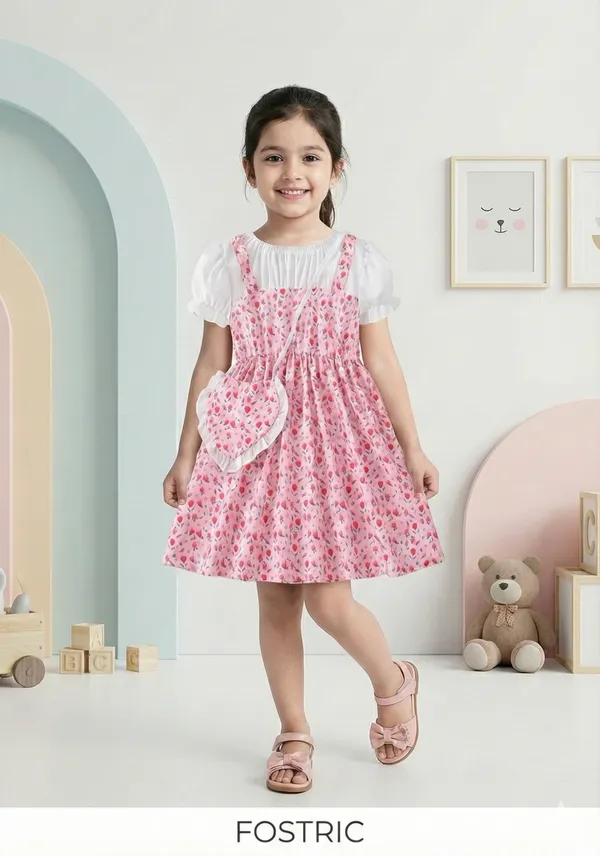 Pink_Adorable_Floral_Girl_Dress_&_Frock_With_Heart-Shaped_Purse_For_Kids