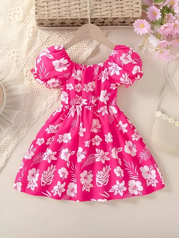 Pink_Neon_Lush_Green_Floral_Puff_Sleeve_Dress_&_Chic_Summer_Frock_For_Kids