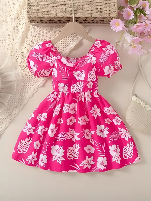 Pink_Neon_Lush_Green_Floral_Puff_Sleeve_Dress_&_Chic_Summer_Frock_For_Kids