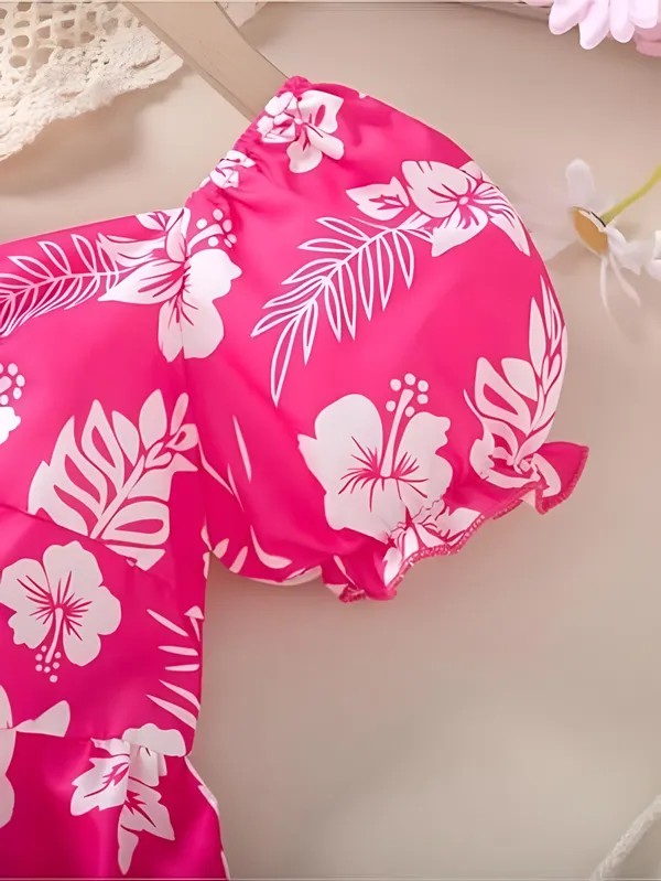 Pink_Neon_Lush_Green_Floral_Puff_Sleeve_Dress_&_Chic_Summer_Frock_For_Kids