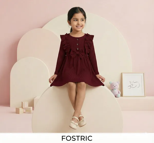 Maroon_Black_Ribbed_Ruffle_Bow_Baby_Girl_Dress_&_Frock_Outfit_For_Special_Occasions