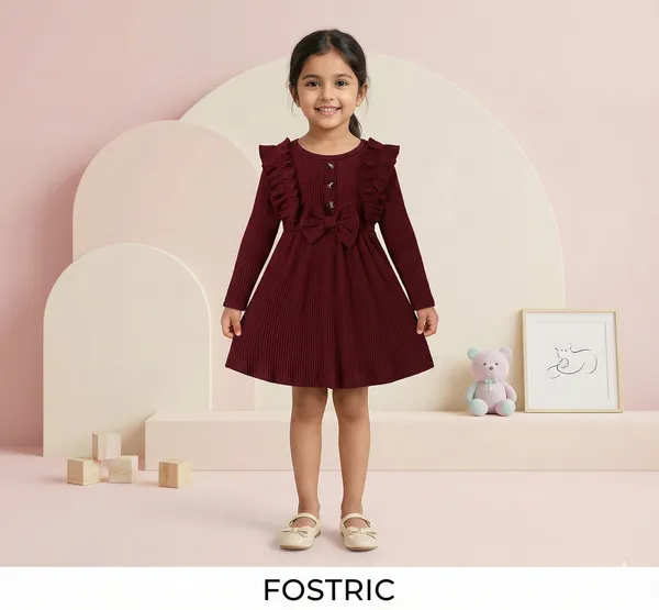 Maroon_Black_Ribbed_Ruffle_Bow_Baby_Girl_Dress_&_Frock_Outfit_For_Special_Occasions