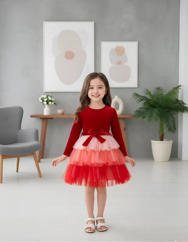 Red_Elegant_Velvet_Dress_&_Layered_Net_Frock_For_Little_Princesses