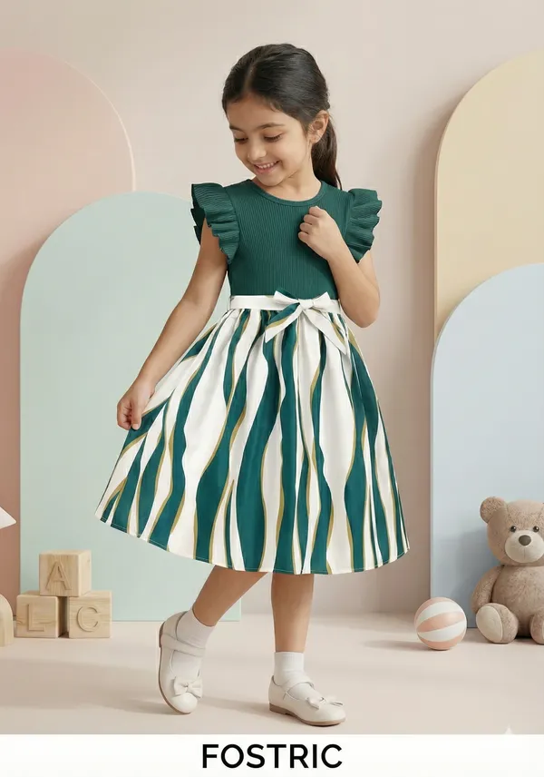 Girl_Fit_&_Flare_Knee-Length_Stripes_Printed_Short_Sleeve_Green_Dress_Frock