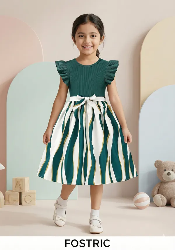 Girl_Fit_&_Flare_Knee-Length_Stripes_Printed_Short_Sleeve_Green_Dress_Frock