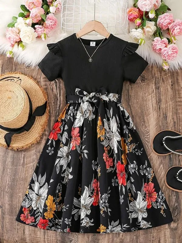 Black_Girls_Floral_Fit_&_Flare_Dress_In_Soft_Modal_Rayon_With_Digital_Print_Stylish_Black_Party_Wear