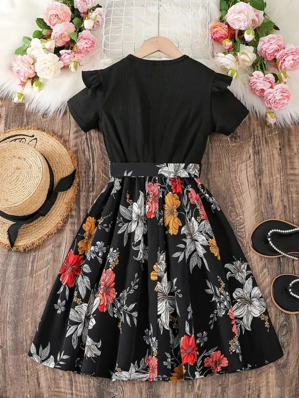 Black_Girls_Floral_Fit_&_Flare_Dress_In_Soft_Modal_Rayon_With_Digital_Print_Stylish_Black_Party_Wear