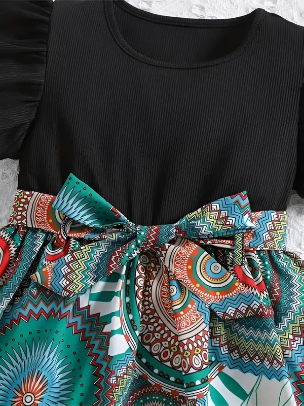 Black_Printed_Knee-Length_Puff_Sleeve_Girls_Party_Dress_&_Frock_-_Stylish_Round_Neck