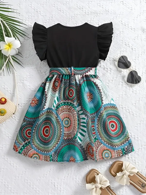 Black_Printed_Knee-Length_Puff_Sleeve_Girls_Party_Dress_&_Frock_-_Stylish_Round_Neck