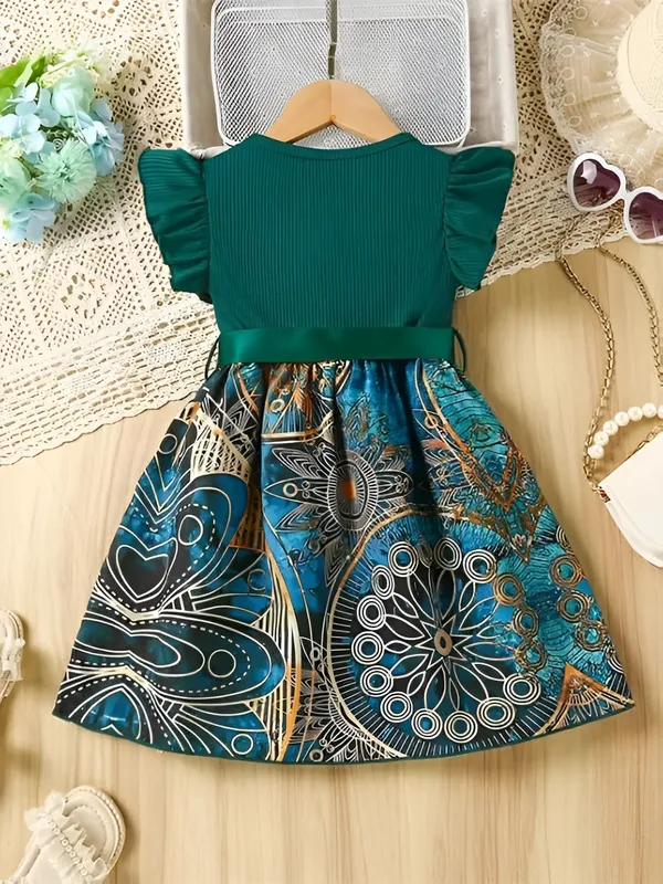 Green_Printed_Knee-Length_Puff_Sleeve_Girls_Party_Dress_&_Frock_-_Stylish_Round_Neck