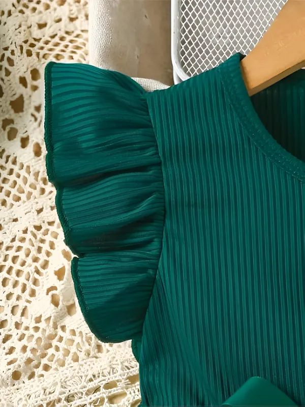 Green_Printed_Knee-Length_Puff_Sleeve_Girls_Party_Dress_&_Frock_-_Stylish_Round_Neck