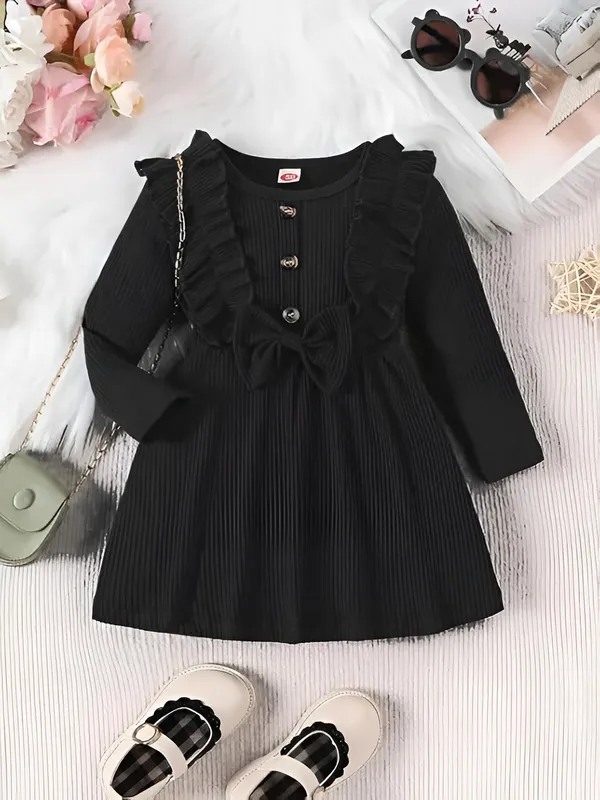 Black_Ribbed_Ruffle_Bow_Baby_Girl_Dress_&_Frock_Outfit_For_Special_Occasions