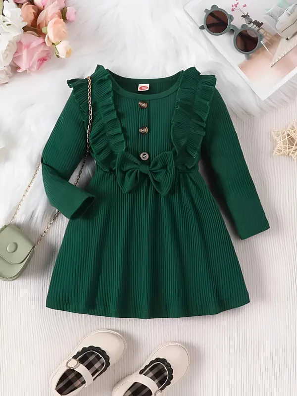 Green_Black_Ribbed_Ruffle_Bow_Baby_Girl_Dress_&_Frock_Outfit_For_Special_Occasions