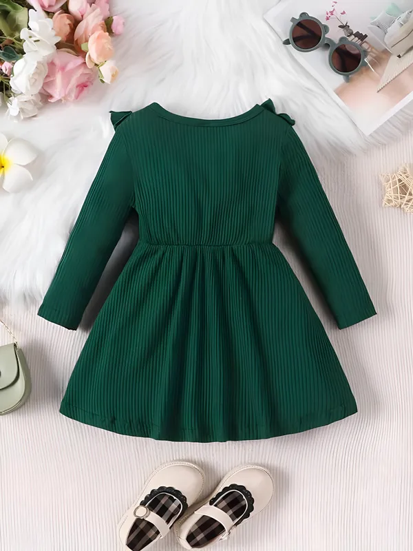 Green_Black_Ribbed_Ruffle_Bow_Baby_Girl_Dress_&_Frock_Outfit_For_Special_Occasions